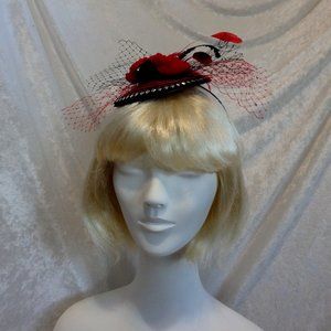 Hand-crafted Red and Black Fascinator with Netting, Feathers and Flowers